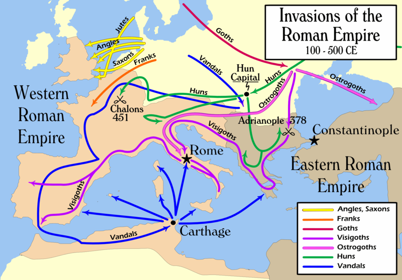 Barbarian invasions of fourth and fifth centuries CE.